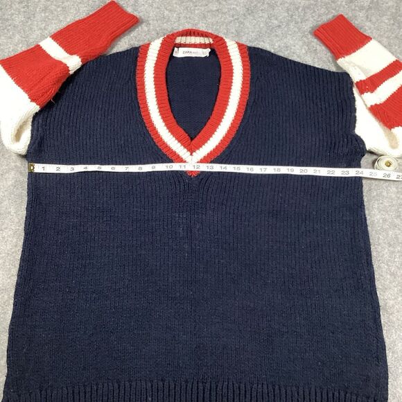 Zara Oversized V Neck Collegiate Preppy Knit Sweater Navy Red White Size Small - Picture 9 of 15
